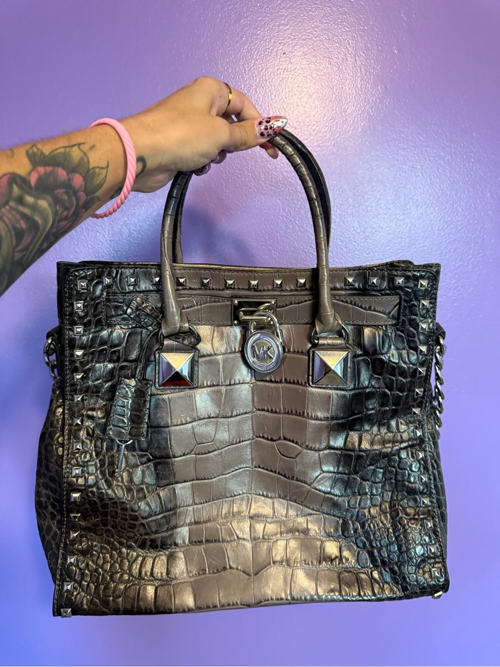 Michael Kors Black Croc-Embossed Satchel with Stud & MK Lock